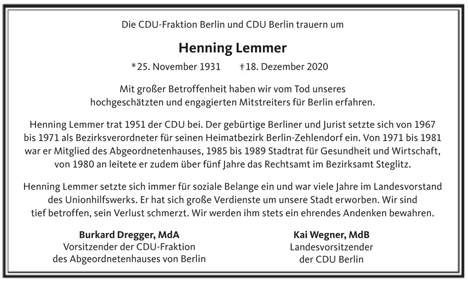 Traueranzeige von Henning Lemmer von Berliner Morgenpost
