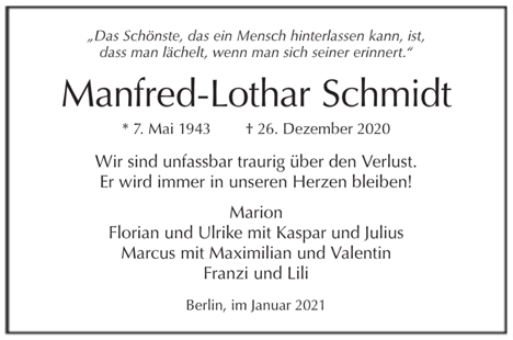 Traueranzeige von Manfred-Lothar Schmidt von Berliner Morgenpost