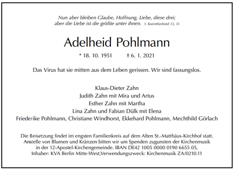 Traueranzeige von Adelheid Pohlmann von Berliner Morgenpost
