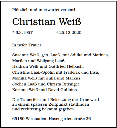 Traueranzeige von Christian Weiß von Berliner Morgenpost