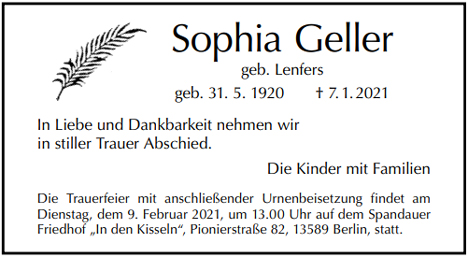 Traueranzeige von Sophia Geller von Berliner Morgenpost