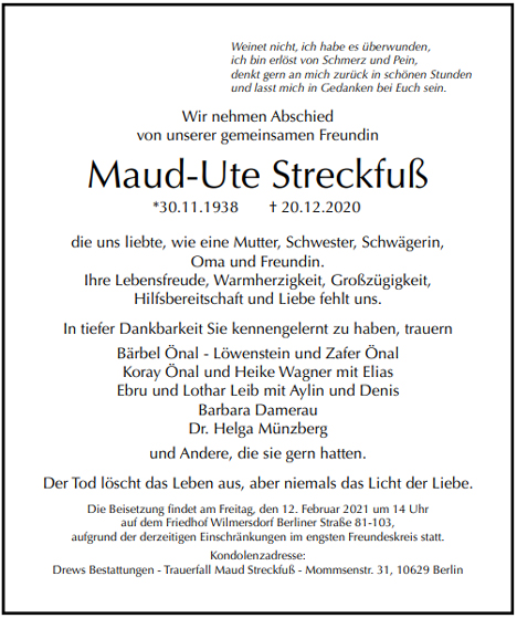 Traueranzeige von Maud-Ute Streckfuß von Berliner Morgenpost