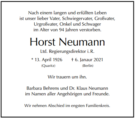 Traueranzeige von Horst Neumann von Berliner Morgenpost