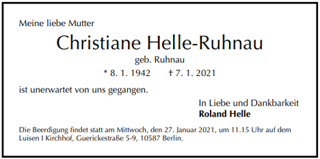 Traueranzeige von Christiane Helle-Ruhnau von Berliner Morgenpost