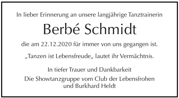  Traueranzeige für Berbé Schmidt vom 24.01.2021 aus Berliner Morgenpost