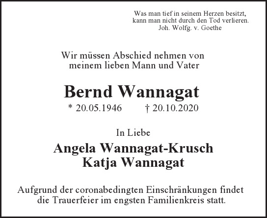 Traueranzeige von Bernd Wannagat von Berliner Morgenpost