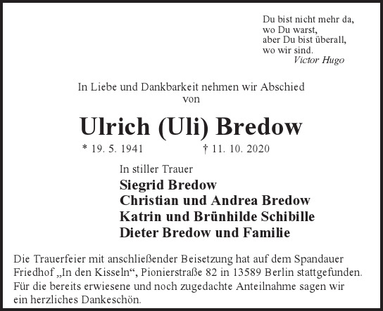 Traueranzeige von Ulrich Uli Bredow von Berliner Morgenpost