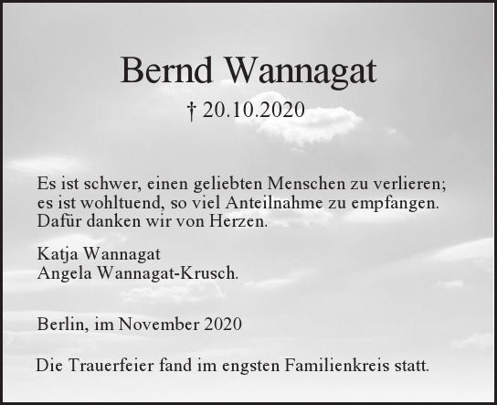 Traueranzeige von Bernd Wannagat von Berliner Morgenpost