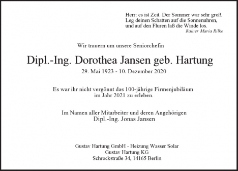 Traueranzeige von Dorothea  Jansen  von Berliner Morgenpost