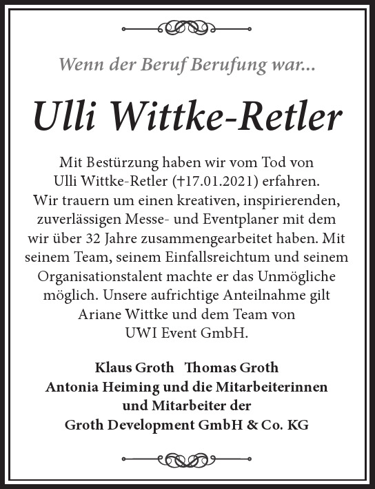 Traueranzeige von Ulli  Wittke-Retler  von Berliner Morgenpost