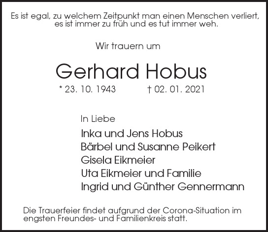 Traueranzeige von Gerhard Hobus  von Berliner Morgenpost