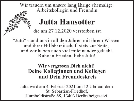 Traueranzeige von Jutta  Hausotter  von Berliner Morgenpost