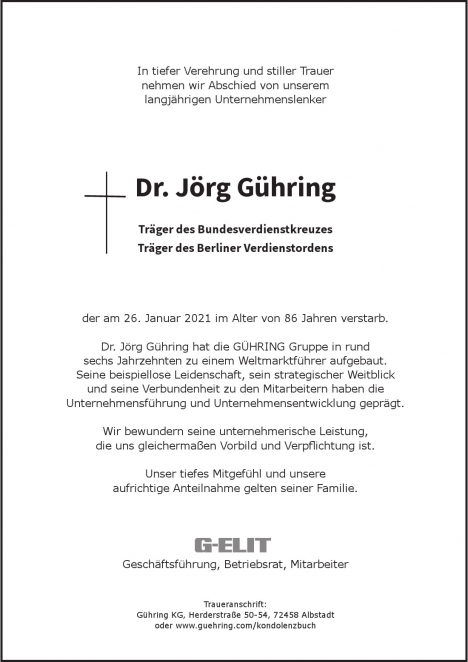 Traueranzeige von Jörg Gühring  von Berliner Morgenpost