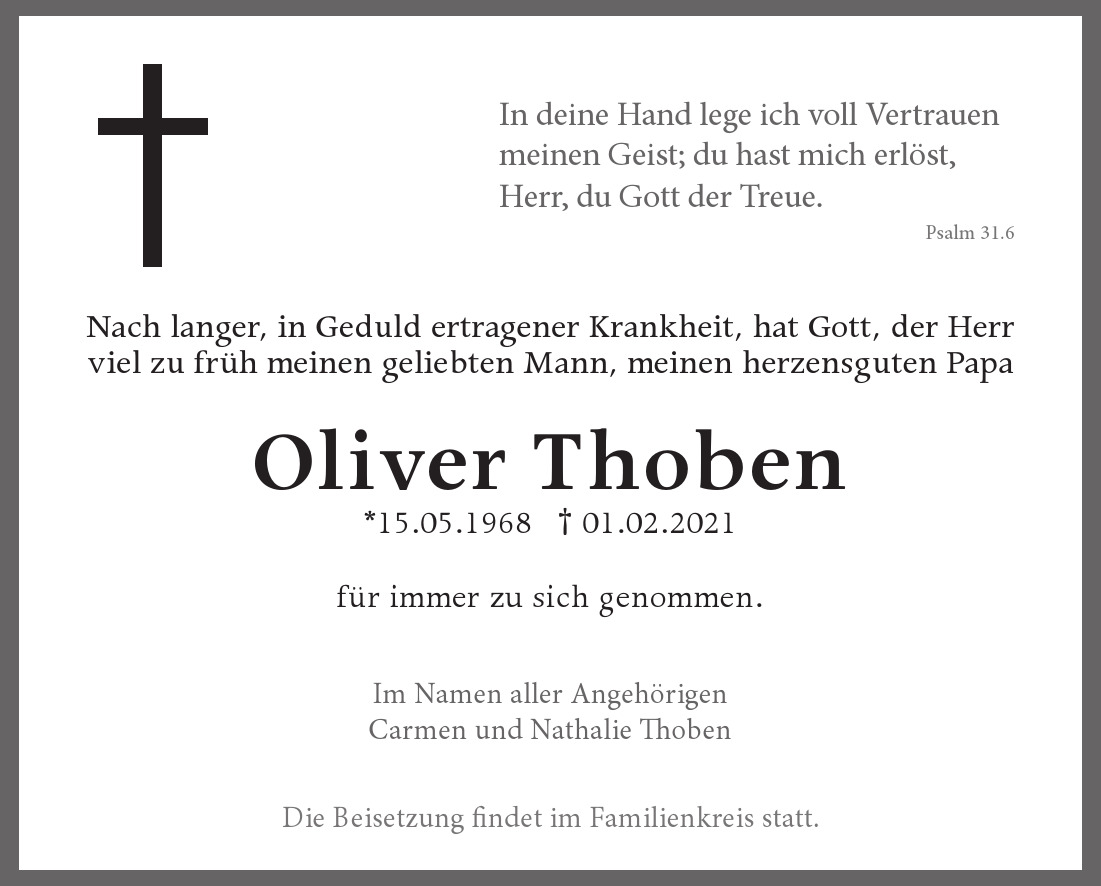  Traueranzeige für Oliver Thoben  vom 07.02.2021 aus Berliner Morgenpost
