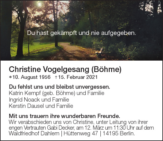 Traueranzeige von Christine  Vogelgesang  von Berliner Morgenpost