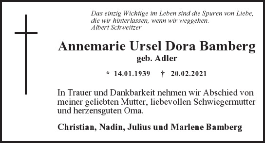 Traueranzeige von Annemarie Ursel Dora Bamberg  von Berliner Morgenpost