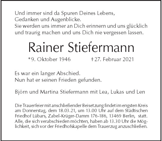 Traueranzeige von Rainer Stiefermann von Berliner Morgenpost