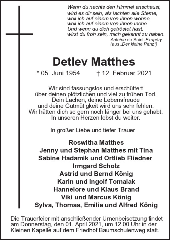 Traueranzeige von Detlev Matthes  von Berliner Morgenpost