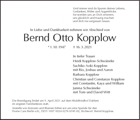 Traueranzeige von Bernd Otto  Kopplow  von Berliner Morgenpost