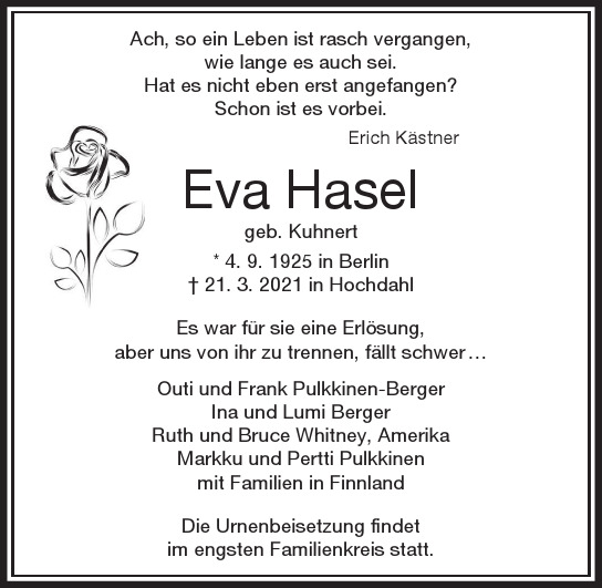 Traueranzeige von Eva  Hasel  von Berliner Morgenpost