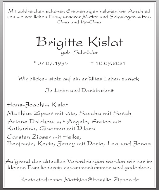  Traueranzeige für Brigitte Kislat vom 28.03.2021 aus Berliner Morgenpost
