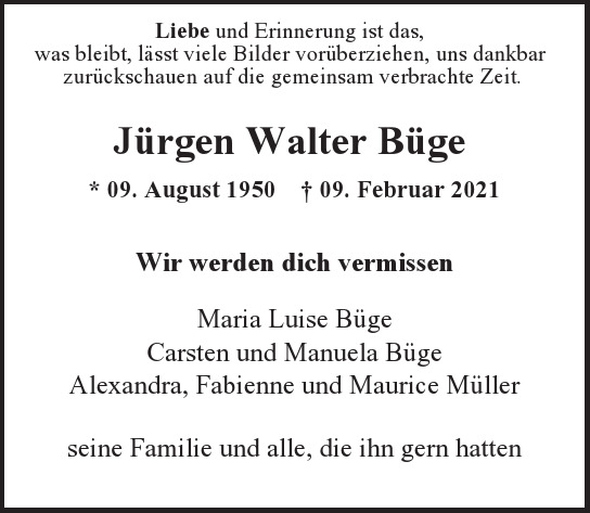  Traueranzeige für Jürgen Walter Büge  vom 28.03.2021 aus Berliner Morgenpost