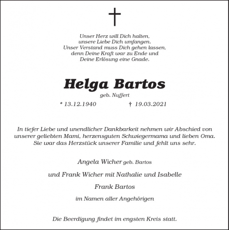 Traueranzeige von Helga  Bartos  von Berliner Morgenpost