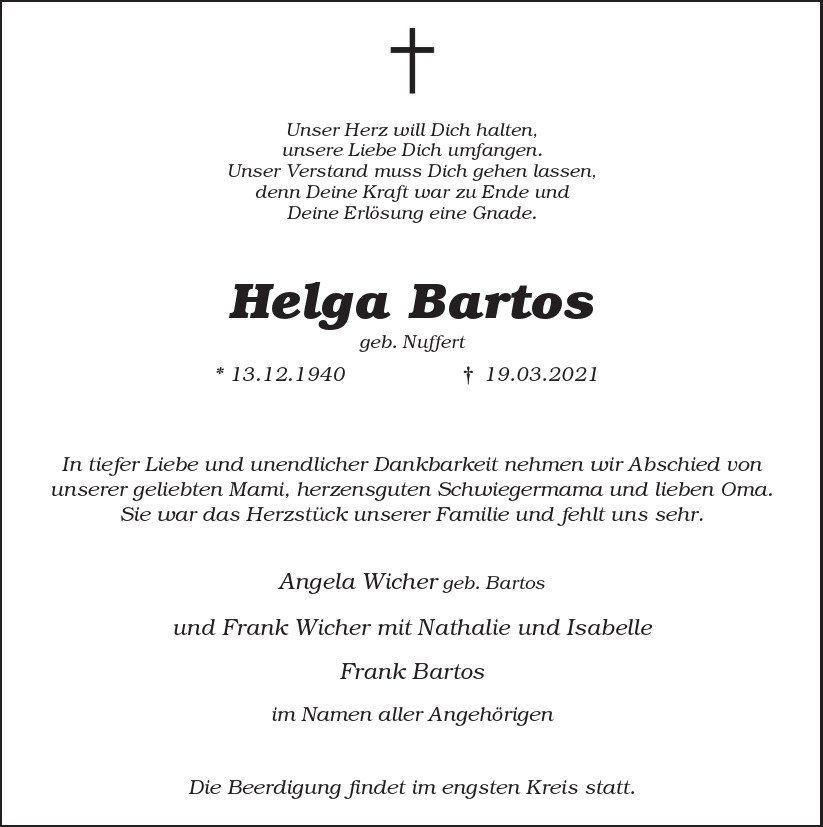  Traueranzeige für Helga  Bartos  vom 28.03.2021 aus Berliner Morgenpost