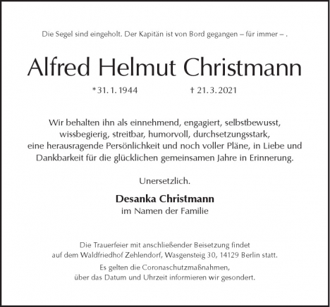 Traueranzeige von Alfred Helmut Christmann  von Berliner Morgenpost