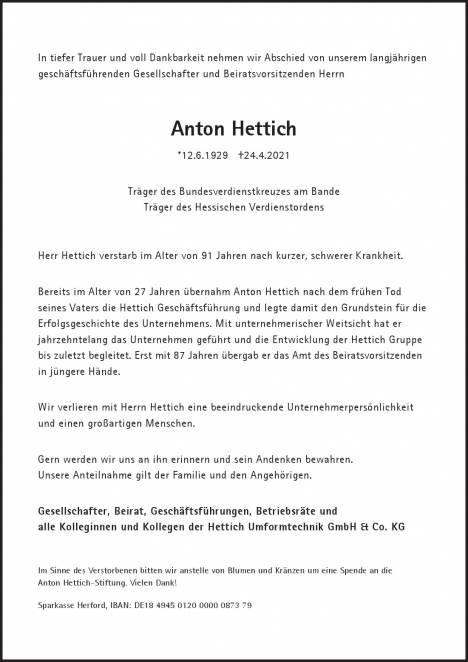 Traueranzeige von Anton Hettich von Berliner Morgenpost