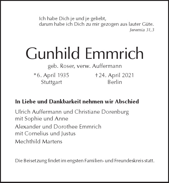 Traueranzeige von Gunhild  Emmrich  von Berliner Morgenpost