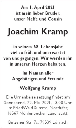 Traueranzeige von Joachim  Kramp  von Berliner Morgenpost