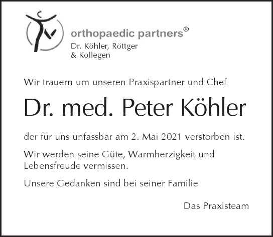 Traueranzeige von Peter  Köhler  von Berliner Morgenpost
