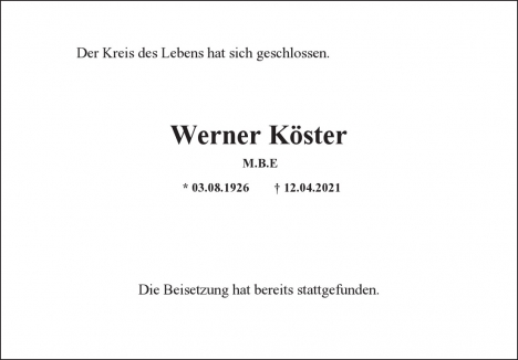 Traueranzeige von Werner Köster  von Berliner Morgenpost