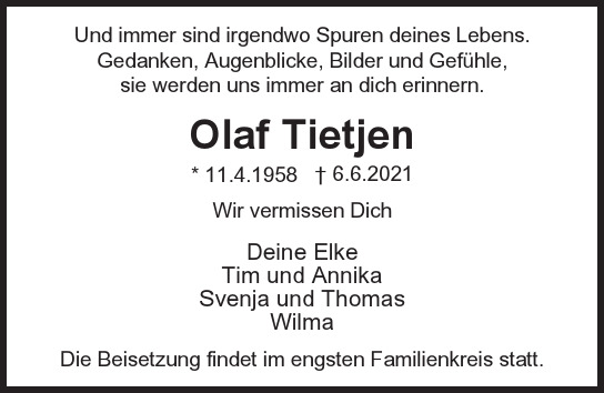  Traueranzeige für Olaf  Tietjen  vom 13.06.2021 aus Berliner Morgenpost