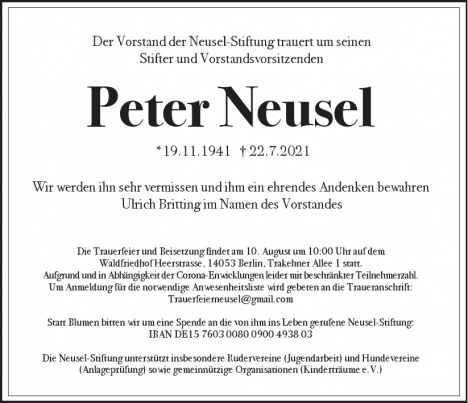 Traueranzeige von Peter Neusel von Berliner Morgenpost