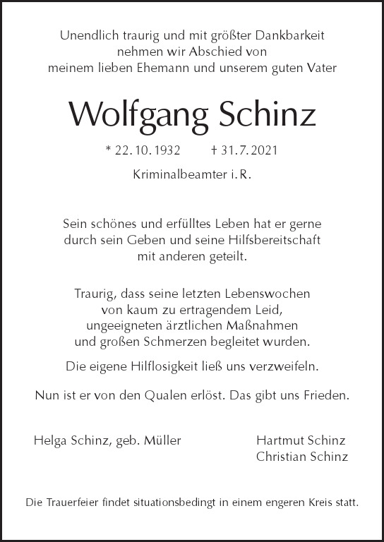 Traueranzeige von Wolfgang Schinz von Berliner Morgenpost