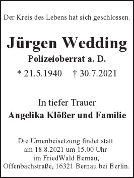 Traueranzeige von Jürgen Wedding von Berliner Morgenpost