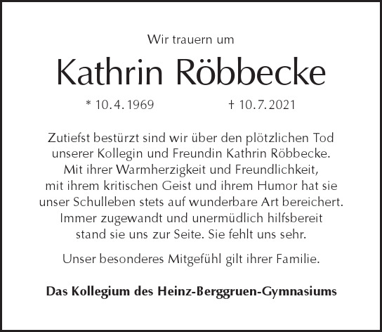 Traueranzeige von Kathrin Röbbecke von Berliner Morgenpost