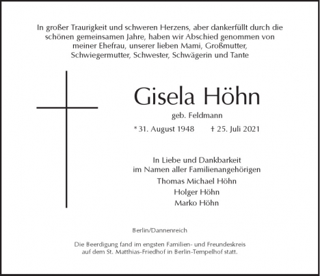 Traueranzeige von Gisela Höhn von Berliner Morgenpost