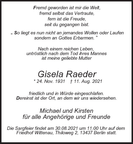 Traueranzeige von Gisela  Raeder  von Berliner Morgenpost