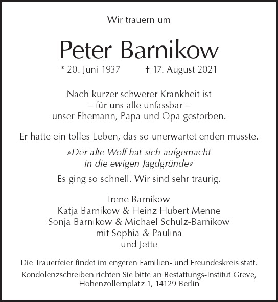 Traueranzeige von Peter  Barnikow  von Berliner Morgenpost