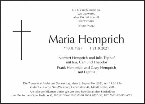 Traueranzeige von Maria Hemprich  von Berliner Morgenpost