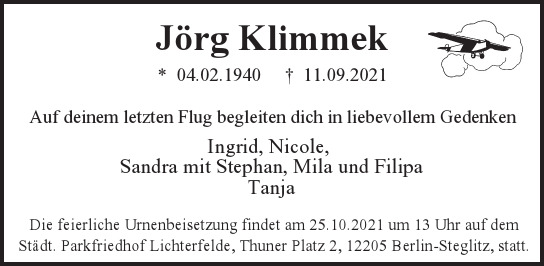  Traueranzeige für Jörg Klimmek vom 19.09.2021 aus Berliner Morgenpost
