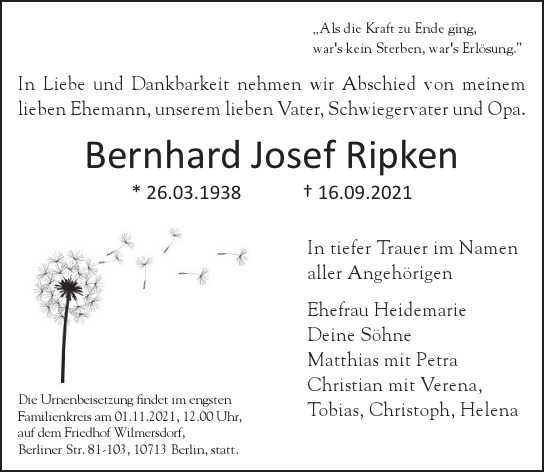 Traueranzeige von Bernhard Josef Ripken  von Berliner Morgenpost