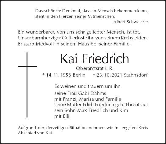 Traueranzeige von Kai Friedrich  von Berliner Morgenpost