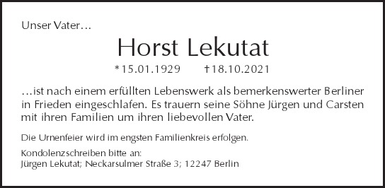 Traueranzeige von Horst  Lekutat  von Berliner Morgenpost