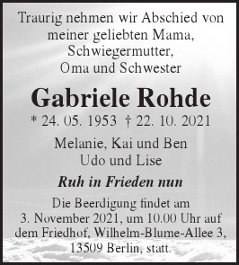 Traueranzeige von Gabriele Rohde  von Berliner Morgenpost