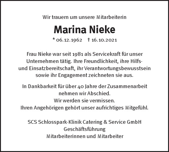 Traueranzeige von Marina  Nieke  von Berliner Morgenpost