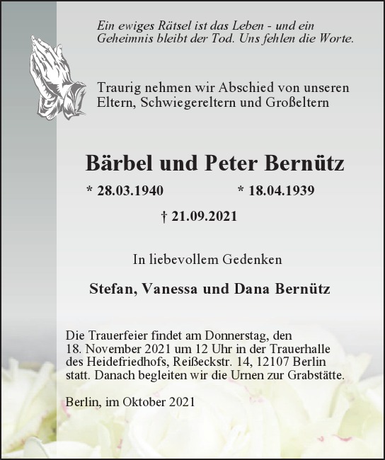 Traueranzeige von Bärbel und Peter Bernütz  von Berliner Morgenpost